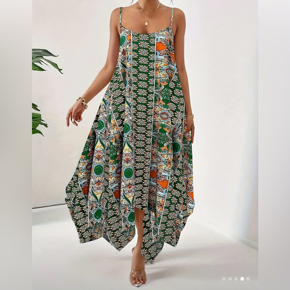 Floral Green and Orange Maxi Dress